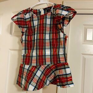 J. Crew flutter sleeve peplum top in Snowy Stewart Tartan
